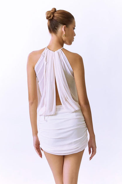 cheryl ruched halter bodycon mini dress in white