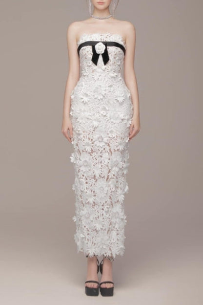 Strapless Flower Embroidery Maxi Dress In White