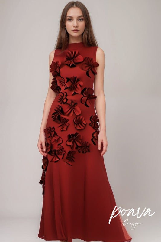 ANNONA RED FLOWER EMBELLISHED MAXI DRESS
