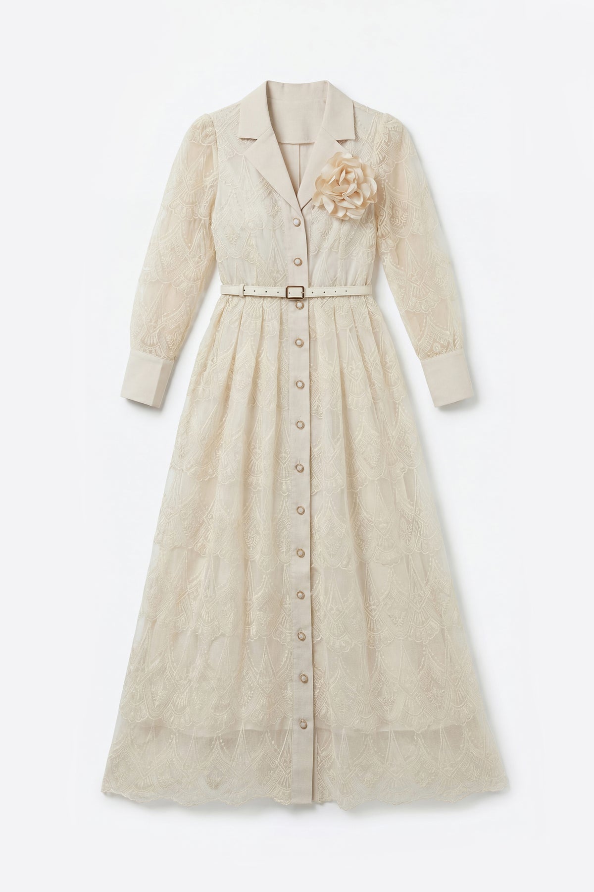 Cream Embroidery Lapel Long Sleeve Belted Midi Shirt Dress With 3D Rose Brooch