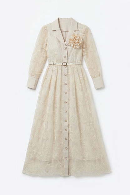 Cream Embroidery Lapel Long Sleeve Belted Midi Shirt Dress With 3D Rose Brooch