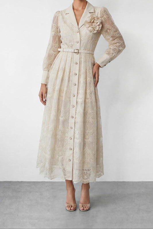 Cream Embroidery Lapel Long Sleeve Belted Midi Shirt Dress With 3D Rose Brooch
