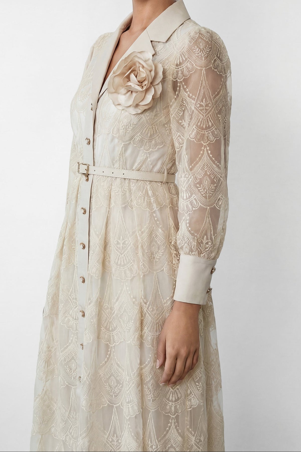 Cream Embroidery Lapel Long Sleeve Belted Midi Shirt Dress With 3D Rose Brooch