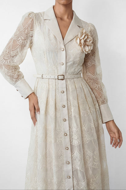 Cream Embroidery Lapel Long Sleeve Belted Midi Shirt Dress With 3D Rose Brooch