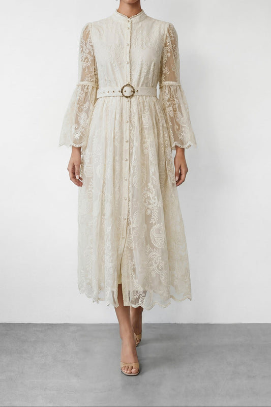 Cream Embroidery Lace Stand Collar Bell Sleeve Belted Midi Shirt Dress