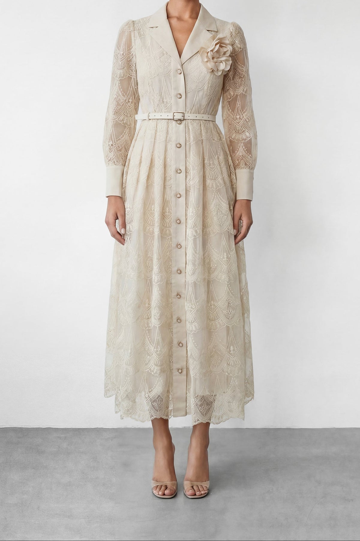 Cream Embroidery Lapel Long Sleeve Belted Midi Shirt Dress With 3D Rose Brooch