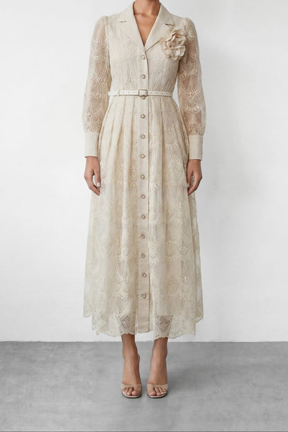Cream Embroidery Lapel Long Sleeve Belted Midi Shirt Dress With 3D Rose Brooch