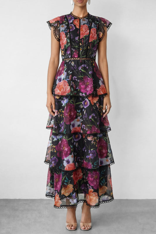 Black Floral Print Tiered Ruffle Maxi Dress