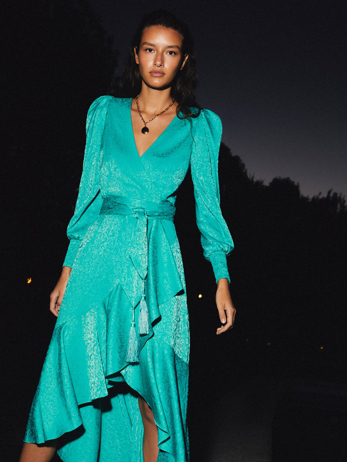 GRACE - Green Jacquard long-sleeved wrap dress