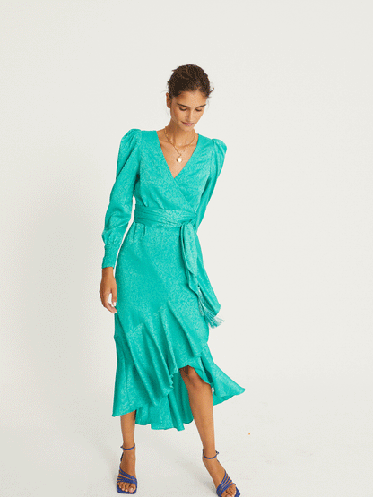 GRACE - Green Jacquard long-sleeved wrap dress