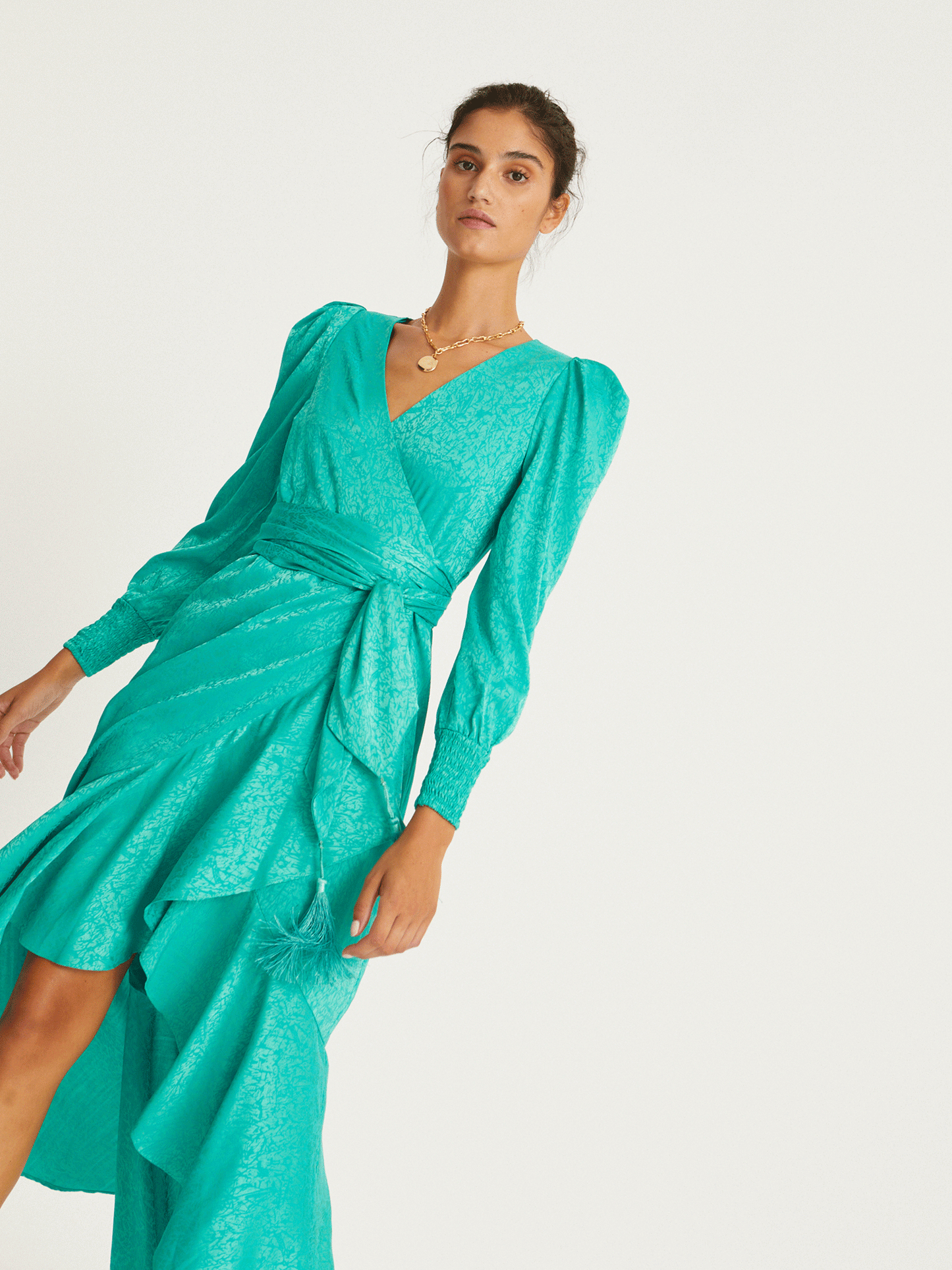 GRACE - Green Jacquard long-sleeved wrap dress