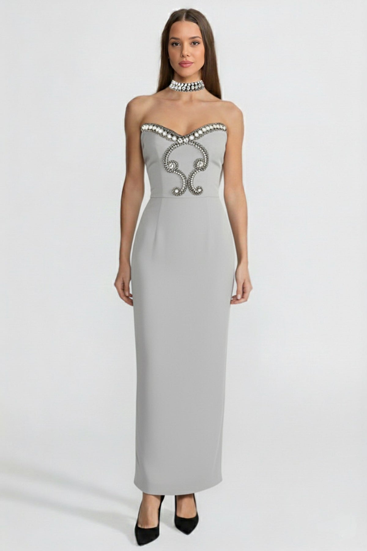 alyssa Gray Crystal Embellished Strapless Gown with Choker