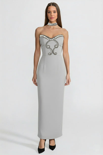 alyssa Gray Crystal Embellished Strapless Gown with Choker