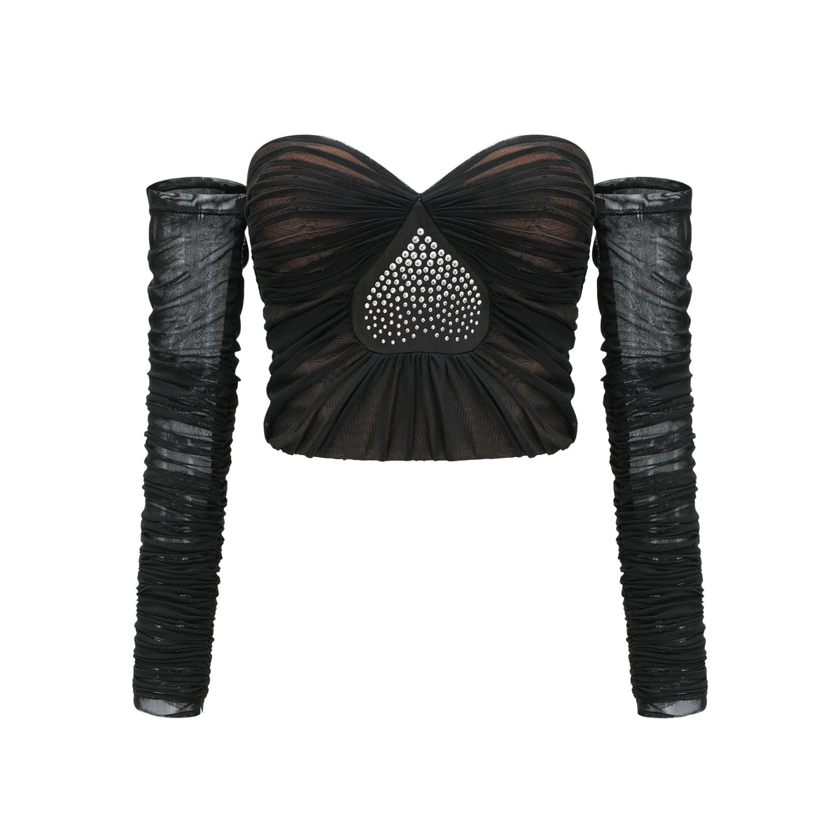 Gwenonwy black ruched mesh top & skirt matching set