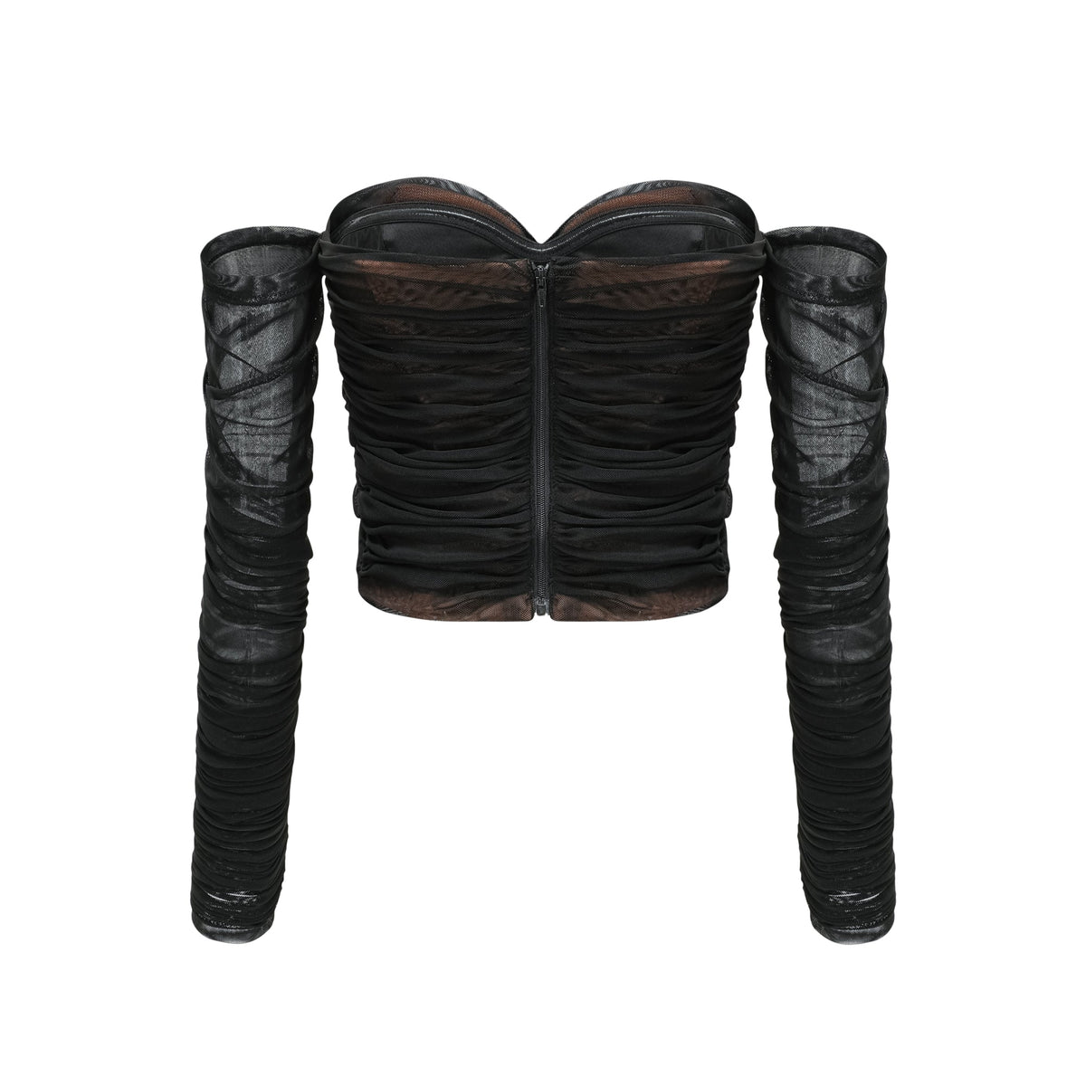 Gwenonwy black ruched mesh top & skirt matching set