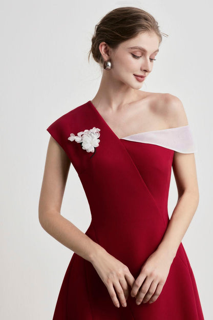 A-LINE ASYMMETRIC SLEEVED PUNTO MIDI DRESS