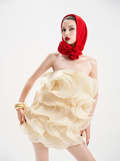verna Multi-layered 3d pleated mini dress in beige