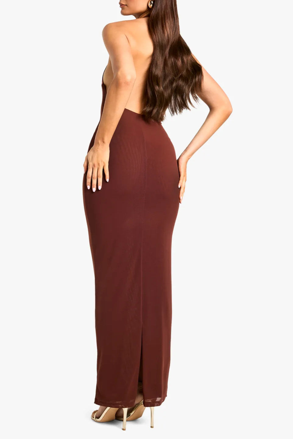 Beaded Floral Satin Halter maxi Dress in brown