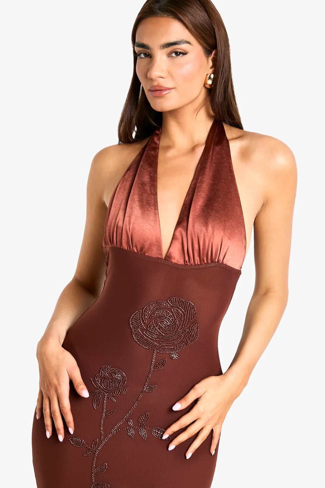 Beaded Floral Satin Halter maxi Dress in brown