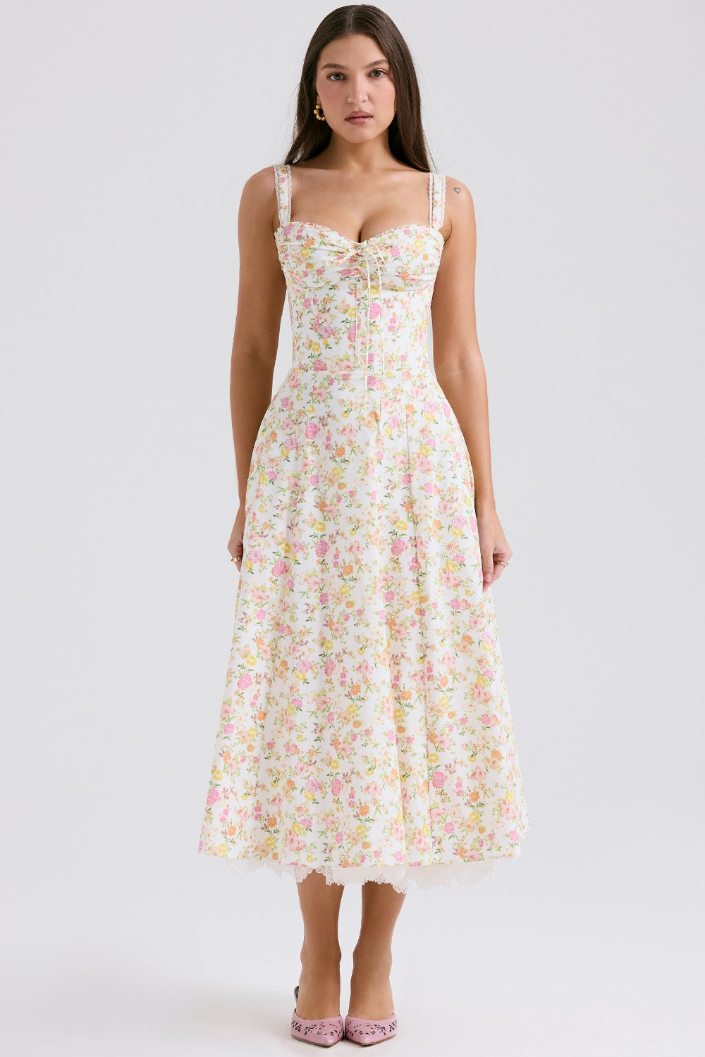 IVORY MEADOW PRINT COTTON BUSTIER SUNDRESS
