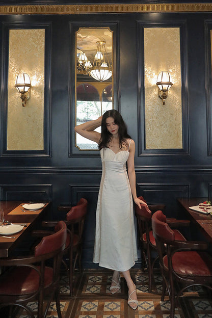 marjorie Shell Pleated Satin Midi Dress in white