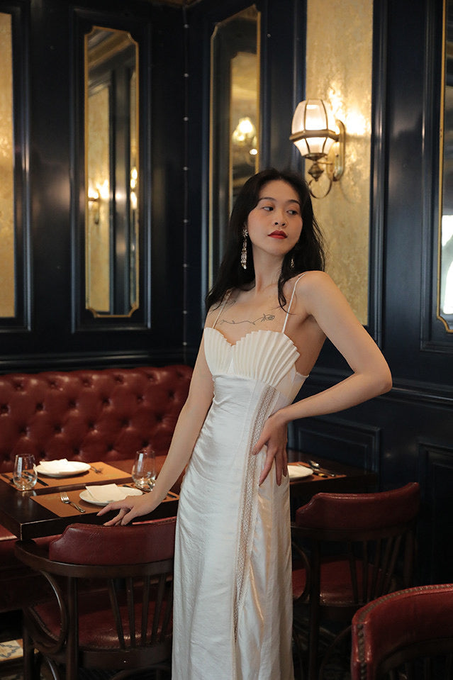 marjorie Shell Pleated Satin Midi Dress in white