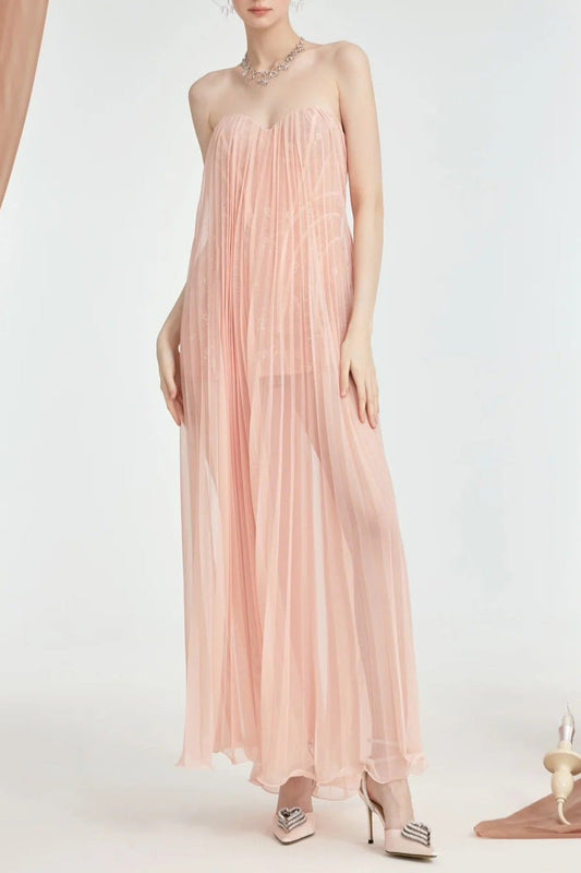 Thea Strapless Mesh Backless maxi Dress in pink