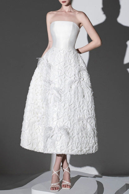 WHITE FLORAL EMBELLISHED STRAPLESS MIDI DRESS