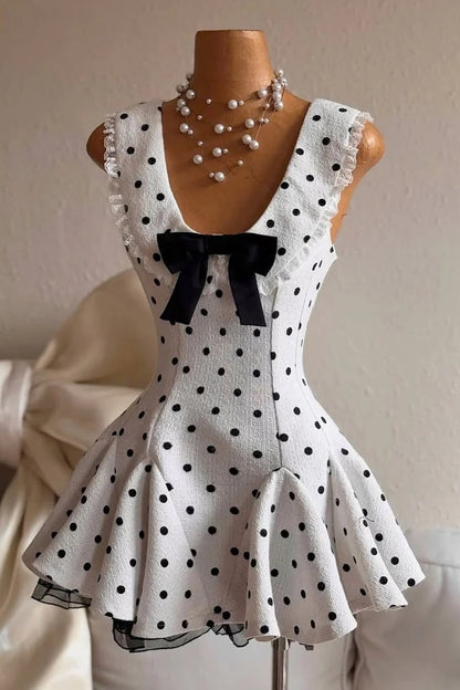 Arlo Dot Bow Lace Ruffle Mini Dress