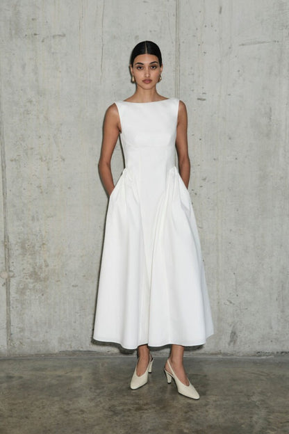 Stretch Cotton Sateen Midi Dress in white