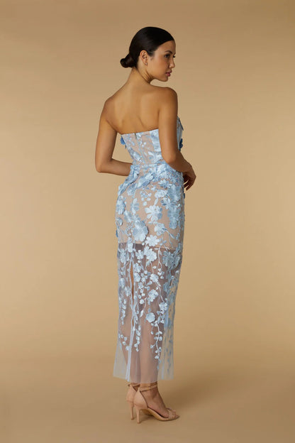 bblythe Avital Strapless Blue Flower Midi Dress