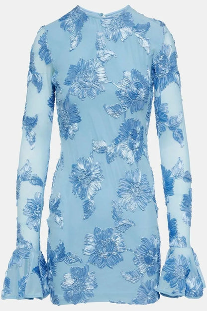 Floral-Embroidered Mesh Mini Dress In Blue