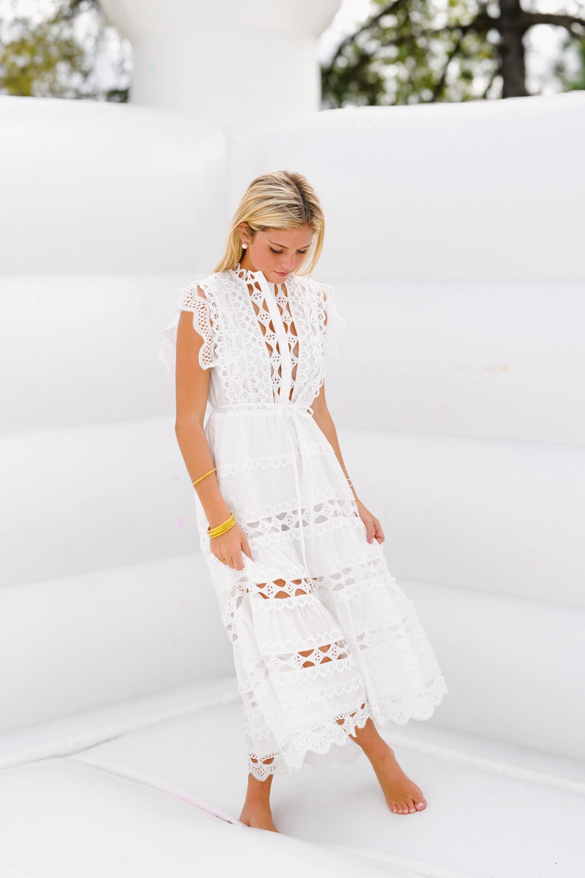 Christy Embroidered Belted Midi Dress - White