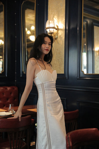 marjorie Shell Pleated Satin Midi Dress in white