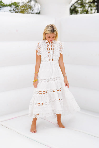 Christy Embroidered Belted Midi Dress - White