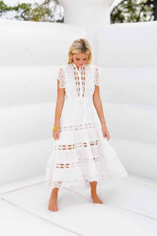 Christy Embroidered Belted Midi Dress - White