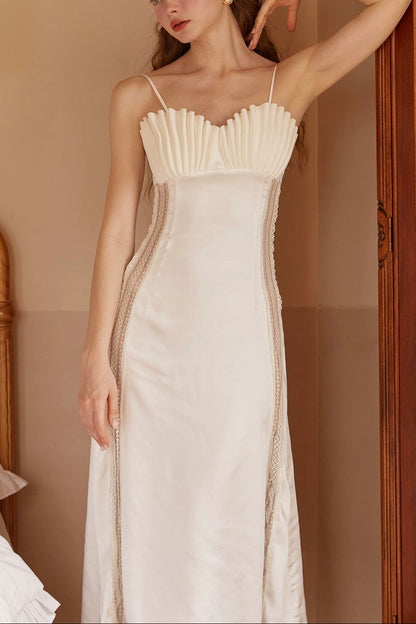 marjorie Shell Pleated Satin Midi Dress in white