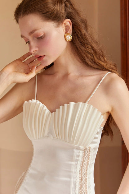 marjorie Shell Pleated Satin Midi Dress in white