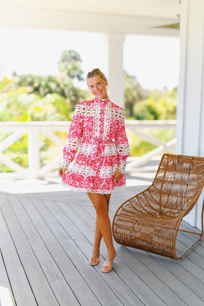 Gracie Long Sleeve Hem Dress - Fushia/White