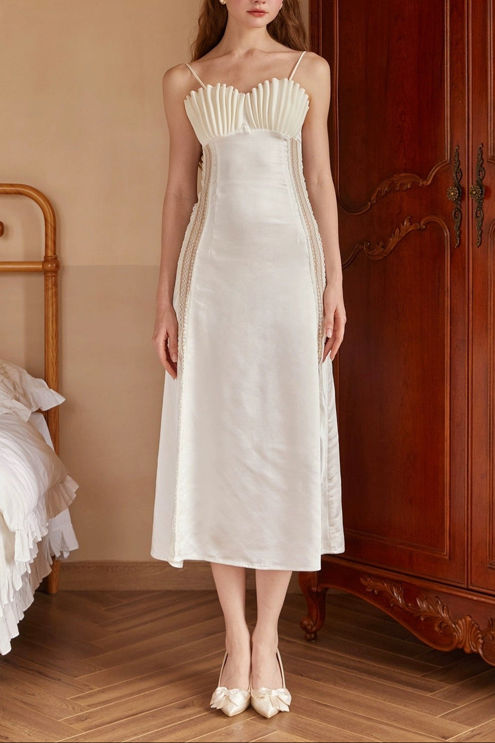 marjorie Shell Pleated Satin Midi Dress in white