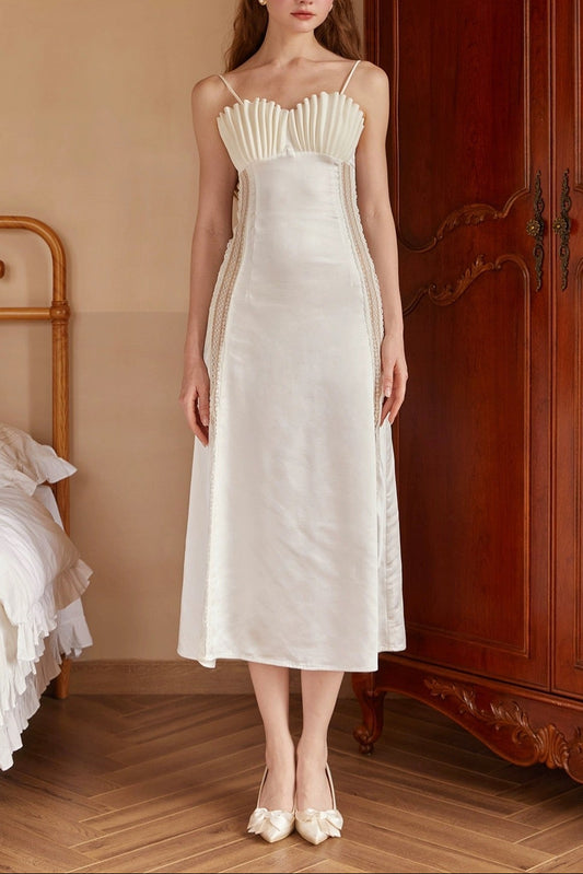 marjorie Shell Pleated Satin Midi Dress in white