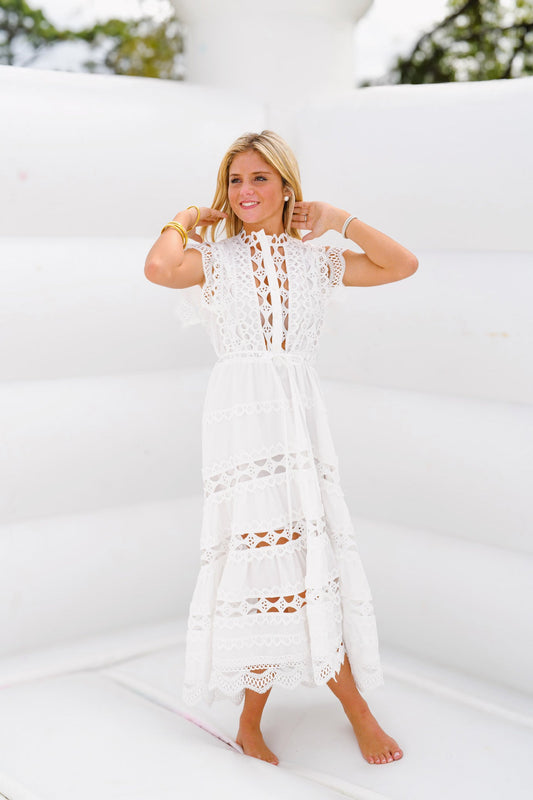 Christy Embroidered Belted Midi Dress - White