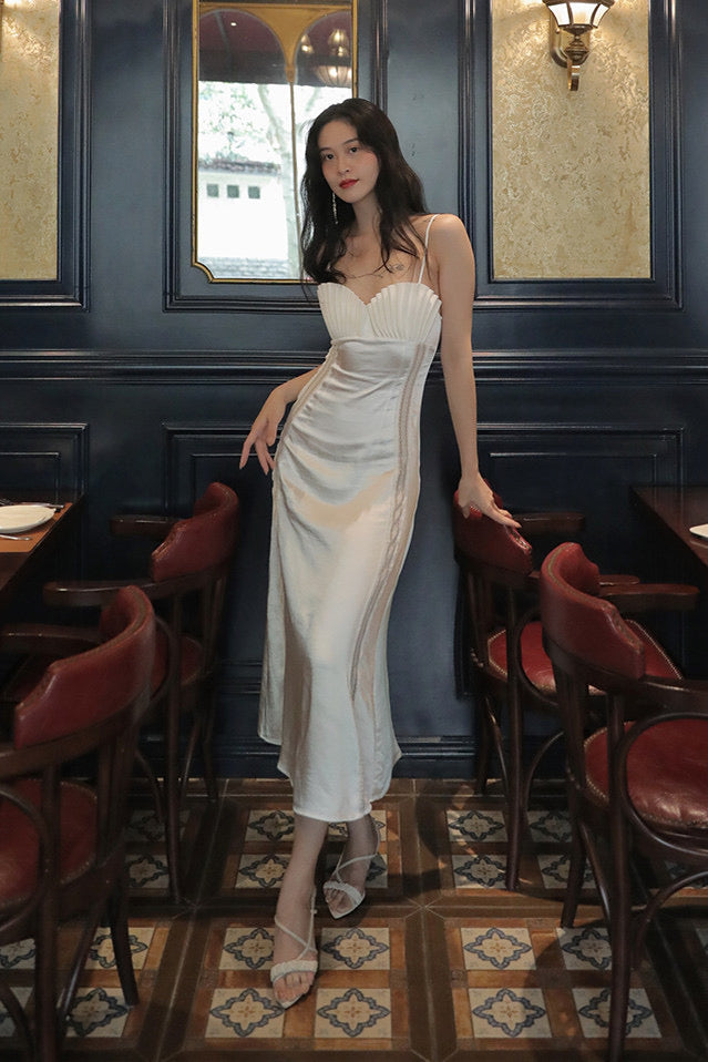 marjorie Shell Pleated Satin Midi Dress in white