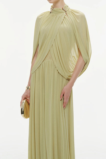leona Green Draped Cape Sleeve Knit Maxi Dress