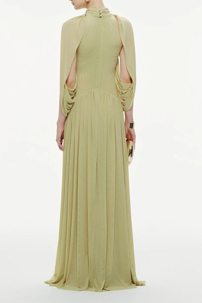 leona Green Draped Cape Sleeve Knit Maxi Dress