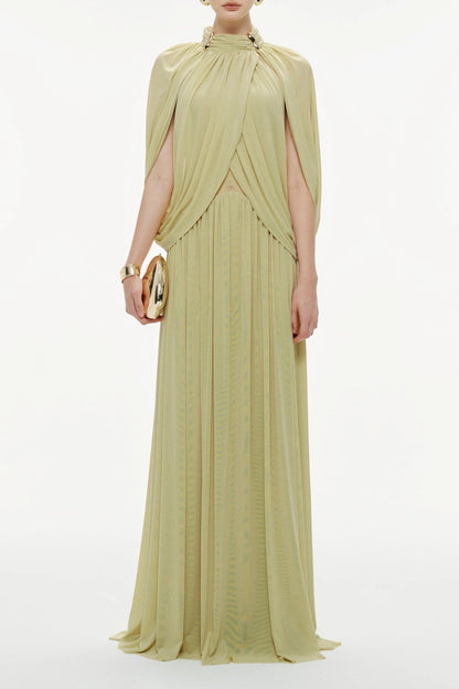 leona Green Draped Cape Sleeve Knit Maxi Dress