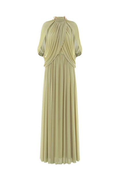 leona Green Draped Cape Sleeve Knit Maxi Dress