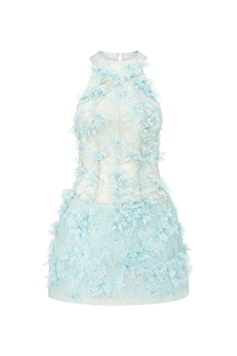 Floral Lace Mini Dress In blue