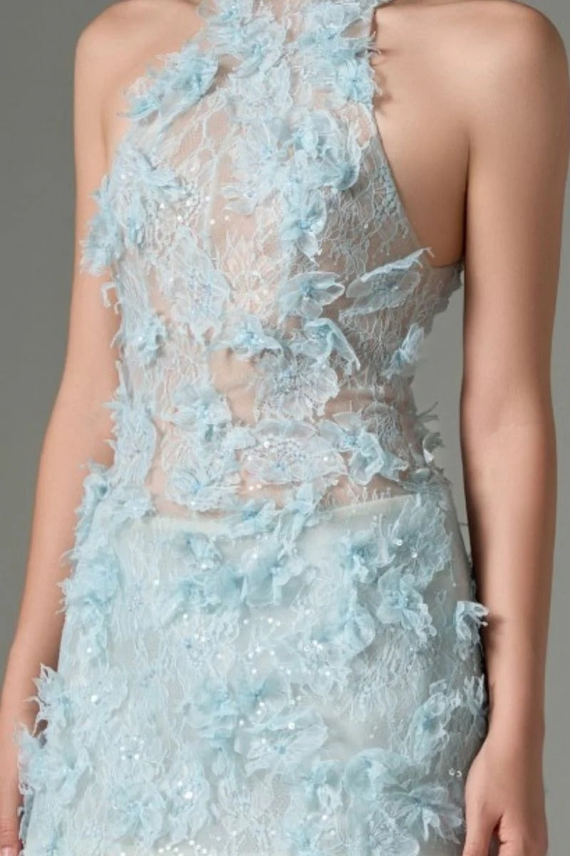 Floral Lace Mini Dress In blue