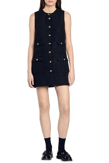 valerie sleeveless Tweed mini Dress in black